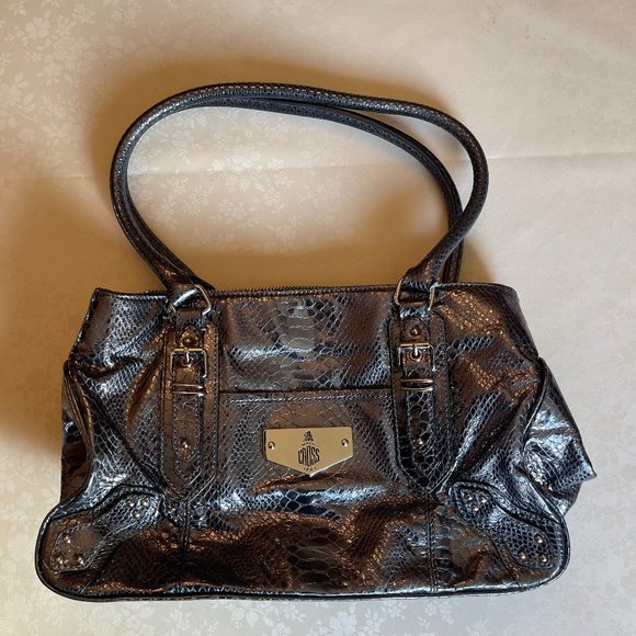 Mark Cross 1845 Gunmetal Grey Metallic Genuine Leather Snake Print Bag - Picture 1 of 4